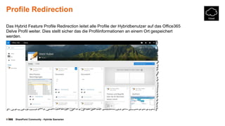 © SharePoint Community - Hybride Szenarien
Profile Redirection
Das Hybrid Feature Profile Redirection leitet alle Profile der Hybridbenutzer auf das Office365
Delve Profil weiter. Dies stellt sicher das die Profilinformationen an einem Ort gespeichert
werden.
 