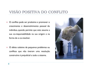 VISÃO POSITIVA DO CONFLITO

O conflito pode ser produtivo e promover o
crescimento e desenvolvimento pessoal do
indivíduo, quando permite que este assuma a
sua co-responsabilidade na sua origem e na
forma de o co-resolver.



O efeito coletivo de pequenos problemas ou
conflitos que não tiveram uma resolução
construtiva é prejudicial a todo o sistema.
 