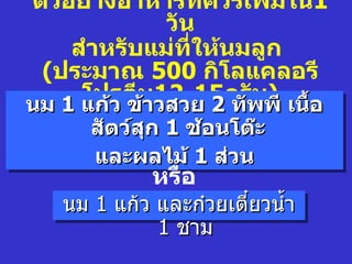 ตัวอย่างอาหารที่ควรเพิ่มใน1
               วัน
    สำาหรับแม่ที่ให้นมลูก
 (ประมาณ 500 กิโลแคลอรี
     โปรตีนวสวย 2 ทัพพี เนืำอ
นม 1 แก้ว ข้า 12-15กรัม)
      สัตว์สุก 1 ช้อนโต๊ะ
      และผลไม้ 1 ส่วน
             หรือ
   นม 1 แก้ว และก๋วยเตี๋ยวนำ้า
             1 ชาม
 