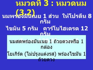 หมวดที่ 3 : หมวดนม
   (3.2) 1 ส่วน ให้โปรตีน 8
นมพร่องมันเนย
              กรัม
 ไขมัน 5 กรัม คาร์โบไฮเดรต 12
              กรัม
    พลังงาน 120 กิโลแคลอรี
  นมสดพร่องมันเนย 1 ถ้วยตวงหรือ 1
                 กล่อง
 โยเกิรต (ไม่ปรุงแต่งรส) พร่องไขมัน 1
       ์
                ถ้วยตวง
 