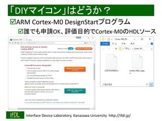 2016/12/24 Interface Device Laboratory, Kanazawa University http://ifdl.jp/
DIYޥ󡹤Ϥɤ
?ARM Cortex-M0 DesignStartץ
?lǤՈOKuĿĤCortex-M0HDL`
 