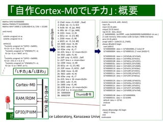 2016/12/24 Interface Device Laboratory, Kanazawa University http://ifdl.jp/
Cortex-M0LҪ
0: 23a0 movs r3, #160 ; 0xa0
2: 05db lsls r3, r3, #23
4: 4c0b ldr r4, [pc, #44]
6: 4f0c ldr r7, [pc, #48]
8: 2201 movs r2, #1
a: 601a str r2, [r3, #0]
c: 2500 movs r5, #0
e: 6025 str r5, [r4, #0]
10: 2600 movs r6, #0
12: 3601 adds r6, #1
14: 42be cmp r6, r7
16: d1fc bne.n 12 <main+0x12>
18: 3501 adds r5, #1
1a: 2dff cmp r5, #255 ; 0xff
1c: d1f7 bne.n e <main+0xe>
1e: 2200 movs r2, #0
20: 601a str r2, [r3, #0]
22: 25ff movs r5, #255 ; 0xff
24: 2600 movs r6, #0
26: 3601 adds r6, #1
28: 42be cmp r6, r7
2a: d1fc bne.n 26 <main+0x26>
2c: 3d01 subs r5, #1
2e: 2d00 cmp r5, #0
30: d1f8 bne.n 24 <main+0x24>
32: e7e9 b.n 8 <main+0x8>
34: 50000004
38: 0000270f
#define GPIO 0x50000000
#define PWMDUTY 0x50000001
#define WAIT 10000 // 3,000,000=0.3s / 256 -> 10,000
void main()
{
volatile unsigned int w;
volatile unsigned int d;
while(1){
*(volatile unsigned int *)GPIO = 0x0001;
for (d = 0; d < 256; d++){
*(volatile unsigned int *)PWMDUTY = d;
for (w = 0; w < WAIT; w++);
}
*(volatile unsigned int *)GPIO = 0x0000;
for (d = 255; d >= 0; d--){
*(volatile unsigned int *)PWMDUTY = d;
for (w = 0; w < WAIT; w++);
}
}
}
arm-gcc/gas
VerilogHDL
module imem(clk, addr, data2);
input clk;
input [31:0] addr;
output [31:0] data2;
reg [31:0] data, data2;
// 0x00000000 - 0x1fffffff : code (0x00000000-0x000000c0: int.vec.)
// code memory: little-endian (LSB=1st byte / MSB=2nd byte)
wire [31:0] addr2;
assign addr2 = {addr[31:2], 2'b00};
always @(addr2) begin
case (addr2)
32'h00000000 : data <= 32'h0020000; // insital SP
32'h00000004 : data <= 32'h0000101; // reset (bit[0]=T)
32'h00000100 : data <= {16'h05db,16'h23a0};
32'h00000104 : data <= {16'h4f0d,16'h4c0c};
32'h00000108 : data <= {16'h601a,16'h2201};
32'h0000010c : data <= {16'h6025,16'h2500};
32'h00000110 : data <= {16'h3601,16'h2600};
32'h00000114 : data <= {16'hd1fc,16'h42be};
32'h00000118 : data <= {16'h2dff,16'h3501};
32'h0000011c : data <= {16'h2200,16'hd1f7};
32'h00000120 : data <= {16'h25ff,16'h601a};
32'h00000124 : data <= {16'h2600,16'h6025};
32'h00000128 : data <= {16'h42be,16'h3601};
32'h0000012c : data <= {16'h3d01,16'hd1fc};
32'h00000130 : data <= {16'hd1f7,16'h2d00};
32'h00000134 : data <= {16'h0000,16'he7e8};
32'h00000138 : data <= 32'h50000004;
32'h0000013c : data <= 32'd1999;
default: data <= 32'h0;
endcase
end
always @(posedge clk) begin
data2 <= data;
end
endmodule
LLۤ
Thumb
 