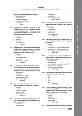 M
I
C
R
O
B
I
O
L
O
G
Í
A
AFEME
ASOCIACIÓN DE FACULTADES ECUATORIANAS DE CIENCIAS DE LA SALUD
nentes celulares depende de una plantilla?:
Lipopolisacáridosa.
Peptidoglucanob.
Polisacárido capsularc.
Ácido desoxirribonucleicod.
Fosfolípidose.
d. Ref 2 (77)
Los pasos que conducen a la síntesis de pep-3722.
tidoglucano ocurren en el citoplasma sobre la
membrana citoplasmática y extracelularmente.
¿Qué antibiótico inhibe un paro extracelular de
la biosíntesis de peptidoglucano?:
Penicilinaa.
Bacitracinab.
Cicloserinac.
Rifampicinad.
Estreptomicinae.
a. Ref 2 (92)
Los aminoácidos se encuentran en la proteína,3723.
el peptidoglucano y la cápsula de las bacterias.
¿Cuál de los siguientes aminoácidos se en-
cuentran solo en el peptidoglucano?:
L- alaminaa.
L- lisinab.
Acido diaminopimélicoc.
D- glutamatod.
Ninguno de los anteriorese.
c. Ref 2 (86)
La capacidad de utilizar compuestos e iones a3724.
parte de oxígeno como terminales oxidantes en
la respiración es un rasgo de los microbios am-
pliamente difundidos. Esta capacidad se llama:
Fermentacióna.
Fotosíntesisb.
Fosforilación del sustratoc.
Respiración anaeróbicad.
Fijación del nitrógenoe.
d. Ref 2 (94)
¿Por cuál de los siguientes mecanismos pue-3725.
den ocurrir las mutaciones en las bacterias?:
Supresióna.
Insercionesb.
Sustitución de basesc.
Reordenamientod.
Todos los anteriorese.
e. Ref 2 (111)
La forma de intercambio genético en el cual el3726.
DNA donado es introducido al receptor por un
virus bacteriano es:
Conjugacióna.
Transformaciónb.
Transferenciac.
Transducciónd.
Transferencia horizontale.
d. Ref 2 (109-110)
La forma de intercambio genético en bacterias3727.
que es vulnerable la actividad de la desoxirri-
bosa es:
Conjugacióna.
Transferenciab.
Transformaciónc.
Transducciónd.
Todas las anteriorese.
c. Ref 2 (110)
¿La replicación de cuál de los siguientes re-3728.
quiere integración física con una replicación
bacteriana?:
Plásmidoa.
Transpasónb.
Bacteriófago con DNA de cadena sencillac.
Bacteriófago con DNA de cadena dobled.
Bacteriófago con RNA de cadena sencillae.
b. Ref 2 (106)
La formación de un puente copulatorio entre3729.
células durante el proceso de conjugación en la
Eschericha coli requiere:
Lisis del donadora.
Un pilus sexualb.
Transferencia de ambas cadenas del DNAc.
Una endonucleasa limitanted.
Integración de un transpasóne.
b. Ref 2 (108)
¿Qué clase de moléculas de anticuerpo tiene la3730.
capacidad de cruzar la placenta?:
Ig Ma.
Ig Gb.
Ig Ac.
Ig Ed.
Ig De.
b. Ref 2 (137)
¿Cuál de los siguientes tipos celulares expresa3731.
receptores para IgE sobre su superﬁcie celular
que estimula a la célula para organizar una res-
puesta a parásitos como los gusanos?:
Células NKa.
Células Tb.
Células Bc.
Células Cebadasd.
Promonocitose.
d. Ref 2 (137)
¿Qué prueba inmunología se utiliza ampliamen-3732.
BANCO DE PREGUNTAS 333
 