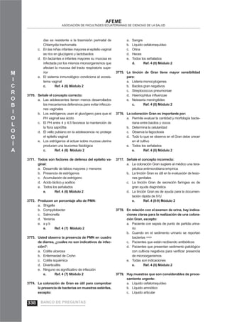 M
I
C
R
O
B
I
O
L
O
G
Í
A
AFEME
ASOCIACIÓN DE FACULTADES ECUATORIANAS DE CIENCIAS DE LA SALUD
das es resistente a la trasmisión perinatal de
Chlamydia trachomatis
En las niñas infantes mayores el epitelio vaginalc.
es rico en glucógeno y lactobacilos
En lactantes e infantes mayores su mucosa esd.
infectada por los mismos microorganismos que
afectan la mucosa del tracto respiratorio supe-
rior
El sistema inmunológico condiciona el ecosis-e.
tema vaginal
c. Ref. 4 (6) Módulo 2
Señale el concepto correcto:3770.
Las adolescentes tienen menos desarrolladosa.
los mecanismos defensivos para evitar infeccio-
nes vaginales
Los estrógenos usan el glucógeno para que elb.
PH vaginal sea ácido
El PH entre 4 y 4.5 favorece la mantención dec.
la ﬂora sapróﬁta
El vello pubiano en la adolescencia no proteged.
el epitelio vaginal
Los estrógenos al actuar sobre mucosa uterinae.
producen una leucorrea ﬁsiológica
c. Ref. 4 (6) Módulo 2
Todos son factores de defensa del epitelio va-3771.
ginal:
Desarrollo de labios mayores y menoresa.
Presencia de estrógenosb.
Acumulación de estrógenoc.
Acido láctico y acéticod.
Todos los señaladose.
e. Ref. 4 (6) Módulo 2
Producen un porcentaje alto de PMN:3772.
Shigellaa.
Compylobacterb.
Salmonellac.
Yersiniad.
a y be.
e. Ref. 4 (7) Módulo 2
Usted observa la presencia de PMN en cuadro3773.
de diarrea, ¿cuáles no son indicativos de infec-
ción?:
Colitis ulcerosaa.
Enfermedad de Crohnb.
Colitis isquémicac.
Diverticulitisd.
Ninguno es signiﬁcativo de infeccióne.
e. Ref. 4 (7) Módulo 2
La coloración de Gran es útil para comprobar3774.
la presencia de bacterias en muestras estériles,
excepto:
Sangrea.
Líquido cefalorraquídeob.
Orinac.
Hecesd.
Todos los señaladose.
d. Ref. 4 (8) Módulo 2
La tinción de Gran tiene mayor sensibilidad3775.
para:
Listeria monocytogenesa.
Bacilos gran negativosb.
Streptococcus pneumoniaec.
Haemophilus inﬂuenzaed.
Neisseria meningitidese.
c. Ref. 4 (8) Módulo 2
La coloración Gran es importante por:3776.
Permite evaluar la cantidad y morfología bacte-a.
riana entre bacilos y cocos
Determina la celularidadb.
Observa la fagocitosisc.
Todo lo que se observa en el Gran debe crecerd.
en el cultivo
Todos los señaladose.
e. Ref. 4 (8) Módulo 2
Señale el concepto incorrecto:3777.
La coloración Gran sugiere al médico una tera-a.
péutica antimicrobiana empírica
La tinción Gran es útil en la evaluación de lesio-b.
nes genitales
La tinción Gran de secreción faríngea es dec.
gran ayuda diagnóstica
La tinción Gran es de ayuda para la documen-d.
tación rápida de IVU
e. Ref. 4 (8-9) Módulo 2
En relación con el examen de orina, hay indica-3778.
ciones claras para la realización de una colora-
ción Gran, excepto:
Paciente con sepsis de punto de partida urina-a.
rio
Cuando en el sedimento urinario se reportanb.
bacterias +++
Pacientes que están recibiendo antibióticosc.
Pacientes que presentan sedimento patológicod.
con cultivos negativos para veriﬁcar presencia
de microorganismos
Todas son indicacionese.
e. Ref. 4 (8) Módulo 2
Hay muestras que son considerables de proce-3779.
samiento urgente:
Líquido cefalorraquídeoa.
Líquido amnióticob.
Líquido articularc.
BANCO DE PREGUNTAS338
 