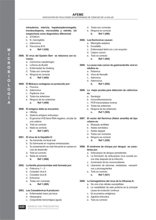 M
I
C
R
O
B
I
O
L
O
G
Í
A
AFEME
ASOCIACIÓN DE FACULTADES ECUATORIANAS DE CIENCIAS DE LA SALUD
intrauterino, ictericia, hepatoesplenomegalia,
trombocitopenia, microcefalia y retinitis. Ud
sospecharía como diagnóstico diferencial:
STORCHa.
N. meningitidisb.
Adenovirusc.
Parvovirus B19d.
a. Ref 1 (436)
El virus del Epstein Barr se relaciona con tu-3688.
mores:
Carcinoma nasofaringeoa.
Linfoma de Burkittb.
Enfermedad de Hodkingc.
Todas son correctasd.
Ninguna es correctae.
d. Ref 1 (442)
El Molusco contagioso es producido por:3689.
Poxvirusa.
Adenovirusb.
Papiloma virusc.
Todos los anterioresd.
Ninguno de los anteriorese.
a. Ref 1 (459)
El antígeno delta se encuentra:3690.
HBsAga.
Sistema antígeno anticuerpob.
El genoma VHD tiene RNAnegativo, circular dec.
una cadena
Todo es correctod.
Nada es correctoe.
d. Ref 1 (467)
El virus de la Hepatitis E:3691.
Se transmite vía fecal orala.
Es fulminante en mujeres embarazadasb.
Su presentación es más frecuente en países enc.
vías de desarrollo
Todo es correctod.
Nada es correctoe.
d. Ref 1 (468)
La familia picornaviridae está formada por:3692.
Poliovirus 1 – 3a.
Coxsakie virus Ab.
Coxsakie virus Bc.
Echovirusd.
Todas son correctase.
e. Ref 1 (485)
Los Coxsakievirus A producen:3693.
Enfermedad mano pie bocaa.
Herpanginab.
Conjuntivitis hemorrágica agudac.
Todas son correctasd.
Ninguna es correctae.
b. Ref 1 (490)
Los Eechovirus causan:3694.
Meningitis asépticaa.
Encefalitisb.
Enfermedad febril con o sin erupciónc.
Catarro comúnd.
Todo es correctoe.
e. Ref 1 (493)
La causa más común de gastroenteritis viral en3695.
adultos es:
Rotavirusa.
Virus de Norwalkb.
Astrovirusc.
Adenovirusd.
b. Ref 1 (505)
La mejor prueba para detección de calicivirus3696.
es:
Serologíaa.
Inmunoﬂuorescenciab.
PCR transcriptasa reversac.
Todas las anterioresd.
Ninguna de las anteriorese.
c. Ref 1 (505)
El vector del ﬂavivirus (ﬁebre amarilla) de tipo3697.
urbano es:
Mosquito anófelesa.
Aedes domésticob.
Aedes aegyptic.
Todos son correctosd.
Ninguno es correctoe.
d. Ref 1 (520)
El síndrome de choque por dengue se carac-3698.
teriza por:
Anticuerpos de dengue persistentesa.
La formación de anticuerpos virus sucede po-b.
cos días después de la infección
Incremento de los mononuclearesc.
Liberación de citocinas, mediadoes vasoacti-d.
vos y procoagulantes
Todo es correctoe.
e. Ref 1 (521)
La hemaglutinina del virus de la inﬂuenza A:3699.
Se une a las células susceptiblesa.
La variabilidad de esta proteína es la principalb.
causa de evolución continua
Es la proteína antigénicac.
Aglutina eritrocitosd.
Todo es correctoe.
BANCO DE PREGUNTAS330
 