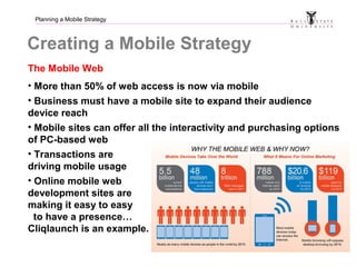 Planning a Mobile Strategy
Creating a Mobile Strategy
The Mobile Web
• More than 50% of web access is now via mobile
• Business must have a mobile site to expand their audience
device reach
• Mobile sites can offer all the interactivity and purchasing options
of PC-based web
• Transactions are
driving mobile usage
• Online mobile web
development sites are
making it easy to easy
to have a presence…
Cliqlaunch is an example.
 