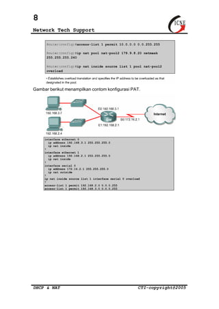8 
Network Tech Support 
Gambar berikut menampilkan contom konfigurasi PAT. 
DHCP & NAT CTI-copyright@2005 
 
