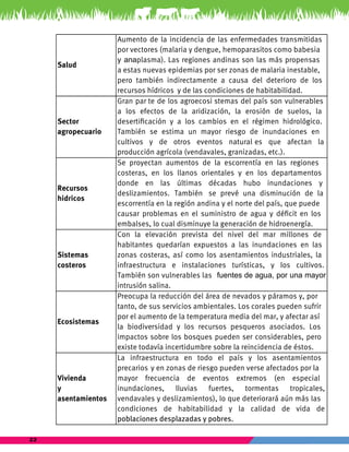 22 
Salud 
Aumento de la incidencia de las enfermedades transmitidas 
por vectores (malaria y dengue, hemoparasitos como babesia 
y anaplasma). Las regiones andinas son las más propensas 
a estas nuevas epidemias por ser zonas de malaria inestable, 
pero también indirectamente a causa del deterioro de los 
recursos hídricos y de las condiciones de habitabilidad. 
Sector 
agropecuario 
Gran par te de los agroecosi stemas del país son vulnerables 
a los efectos de la aridización, la erosión de suelos, la 
desertificación y a los cambios en el régimen hidrológico. 
También se estima un mayor riesgo de inundaciones en 
cultivos y de otros eventos natural es que afectan la 
producción agrícola (vendavales, granizadas, etc.). 
Recursos 
hidricos 
Se proyectan aumentos de la escorrentía en las regiones 
costeras, en los llanos orientales y en los departamentos 
donde en las últimas décadas hubo inundaciones y 
deslizamientos. También se prevé una disminución de la 
escorrentía en la región andina y el norte del país, que puede 
causar problemas en el suministro de agua y déficit en los 
embalses, lo cual disminuye la generación de hidroenergía. 
Sistemas 
costeros 
Con la elevación prevista del nivel del mar millones de 
habitantes quedarían expuestos a las inundaciones en las 
zonas costeras, así como los asentamientos industriales, la 
infraestructura e instalaciones turísticas, y los cultivos. 
También son vulnerables las fuentes de agua, por una mayor 
intrusión salina. 
Ecosistemas 
Preocupa la reducción del área de nevados y páramos y, por 
tanto, de sus servicios ambientales. Los corales pueden sufrir 
por el aumento de la temperatura media del mar, y afectar así 
la biodiversidad y los recursos pesqueros asociados. Los 
impactos sobre los bosques pueden ser considerables, pero 
existe todavía incertidumbre sobre la reincidencia de éstos. 
Vivienda 
y 
asentamientos 
La infraestructura en todo el país y los asentamientos 
precarios y en zonas de riesgo pueden verse afectados por la 
mayor frecuencia de eventos extremos (en especial 
inundaciones, lluvias fuertes, tormentas tropicales, 
vendavales y deslizamientos), lo que deteriorará aún más las 
condiciones de habitabilidad y la calidad de vida de 
poblaciones desplazadas y pobres. 
 