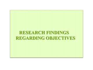 RESEARCH FINDINGS
REGARDING OBJECTIVES
 