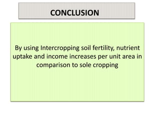CONCLUSION
By using Intercropping soil fertility, nutrient
uptake and income increases per unit area in
comparison to sole cropping
 
