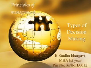 Principles of
management
Types of
Decision
Making
B.Sindhu bhargavi
MBA Ist year
Pin No.16NR1E0012
 