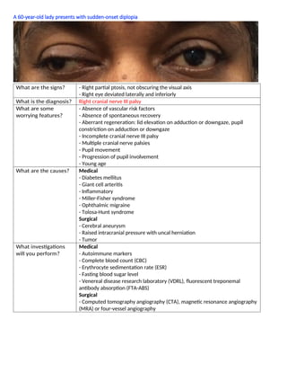 A 60-year-old lady presents with sudden-onset diplopia
What are the signs? - Right partial ptosis, not obscuring the visual axis
- Right eye deviated laterally and inferiorly
What is the diagnosis? Right cranial nerve III palsy
What are some
worrying features?
- Absence of vascular risk factors
- Absence of spontaneous recovery
- Aberrant regeneration: lid elevation on adduction or downgaze, pupil
constriction on adduction or downgaze
- Incomplete cranial nerve III palsy
- Multiple cranial nerve palsies
- Pupil movement
- Progression of pupil involvement
- Young age
What are the causes? Medical
- Diabetes mellitus
- Giant cell arteritis
- Inﬂammatory
- Miller-Fisher syndrome
- Ophthalmic migraine
- Tolosa-Hunt syndrome
Surgical
- Cerebral aneurysm
- Raised intracranial pressure with uncal herniation
- Tumor
What investigations
will you perform?
Medical
- Autoimmune markers
- Complete blood count (CBC)
- Erythrocyte sedimentation rate (ESR)
- Fasting blood sugar level
- Venereal disease research laboratory (VDRL), ﬂuorescent treponemal
antibody absorption (FTA-ABS)
Surgical
- Computed tomography angiography (CTA), magnetic resonance angiography
(MRA) or four-vessel angiography
 
