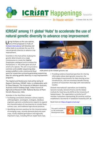 NewsletterHappenings
In-house version 16 October 2020, No.1876
ICRISAT among 11 global ‘Hubs’ to accelerate the use of
natural genetic diversity to advance crop improvement
Collaborations
Using chickpea as the case species,
one of the proposed 11 hubs of
DivSeek International will develop and
refine tools to accelerate the use of its
natural genetic diversity to advance crop
improvement.
Scientists in this hub will be studying the
genetic determinants on a single
chromosome to create the HapCat
(haplotypes catalogue) and to analyze the
PanGenome i.e. the entire gene set of all
strains of a species. The aim is to provide a
common and scalable sequencing data
analysis platform and a community focal
point for researchers primarily generating sequencing
data for utilizing genetic diversity in crop improvement
programs.
The HapCat and PanGenome Hub will be led by Dr
Rajeev K Varshney, ICRISAT, India, in collaboration with
Dr Dave Edwards, The University of Western Australia,
Australia and Dr Kuldeep Singh, Indian Council of
Agricultural Research ICAR- National Bureau of Plant
Genetic Resources, India.
Activities in the Hub Pilots include:
▪▪ Facilitating connections between culinary experts,
anthropologists, sociologists, ecologists, database
engineers, genomic and phenomics experts to expand
the characterization of crop diversity to include flavor,
culinary uses, and traditional agricultural practices.
▪▪ Identifying common practices for the characterization
of emerging crops, recently domesticated and novel
crops, locally adapted germplasm and regionally
important crops, including African staple food crops.
▪▪ Providing evidence-based perspectives for sharing
information about plant genetic resources, the
technological requirements for data-sharing across
constituencies, and non-monetary benefit sharing
practices of researchers that align with international
treaties.
DivSeek International’s operations are funded by
Genome Canada, Genome Prairie and the Global
Institute for Food Security (GIFS) at the University of
Saskatchewan. The organization currently has 67
member institutions representing 28 countries and has
established a Secretariat in Saskatoon hosted by GIFS.
Read more on https://cegsb.icrisat.org/
This work contributes
to UN Sustainable
Development Goals
A file photo of the ICRISAT genomic lab.
Photo: S Punna
 