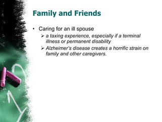 Family and Friends Caring for an ill spouse a taxing experience, especially if a terminal illness or permanent disability Alzheimer’s disease creates a horrific strain on family and other caregivers. 