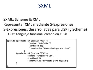 SXML
SXML: Scheme & XML
Representar XML mediante S-Expresiones
S-Expresiones: desarrolladas para LISP (y Scheme)
LISP: Lenguaje funcional creado en 1958
(pedido (producto (@ (codigo "R23"))
(nombre "Rotulador")
(cantidad 20)
(comentarios "Comprobad que escriben")
)
(producto (@ (codigo "G56"))
(nombre "Grapadora Lin")
(cantidad 2)
(comentarios "Envuelta para regalo")
)
)
 