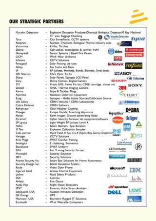 OUR STRATEGIC PARTNERS
  Morpho Detection       – Explosive Detection Products-Chemical Biological Detector/X Ray Machine/
                           CT scan Baggage Checking
  Tyco                   – City Surveillance, CCTV systems
  Respirex               – Nuclear, Chemical, Biological Pharma Industry suits
  Victorinox             – Knifes, Torches
  Delma                  – Cell seeker, Interception & Jammer. MAV
  Honeywell              – Sensor Systems / Ravell Fire Panels
  OCM                    – Work Wear Uniforms
  Infinova               – CCTV Solutions
  Fenzgard               – Solar Fencing slik type
  Abloy                  – For Locks and Keys
  IA                     – BP Jackets, Helmets, Bomb, Blankets, Swat boots
  OB Telecom             – Fibre Optic Tx Rx
  Sharp                  – Solar Panels, Signages LCD Panel
  Sony                   – Dome Camera, Digital Camera
  3M                     – Masks N95, Swine Flu kits CBRB cartridge, throat mic
  Delopt                 – UVSS, Thermal Imaging Camera
  Karma                  – Rope & Tackles, Slings
  Atomtex                – Radiation Detection Equipment
  Ezag                   – Isotopes – Radio Active Sources/Calibration Source
  Life Safety            – CBRN Vehicles / CBRN Laboratories
  Cobra Defense          – CBRN Software
  Refrigwear             – Cold Weather Clothing
  Draeger                – Escape Hoods, Breathing Apparatus
  Parsan                 – Earth Imager, Ground penetrating Radar
  Pyramid                – Cyber Security Forensic lab equipment/software
  SM group               – Light Weight BP Jackets Level 4.
  FAAC                   – Boom Barriers, Tyre Bursters
  X Test                 – Explosive Calibration Samples
  Cole parmar            – Hand Held X Ray, á â ð (Alpha Bita Gama) Detectors
  Vantage                – CCTV Solutions
  Krav Maga              – SWAT Combat Training
  Analogics              – E challaning, Biometrics
  Blackhawk              – SWAT Uniform
  SWI                    – For Training Security Forces
  Microsoft              – Security Solutions
  IBM                    – Security Solutions
  Avante Security Inc.   – Smart Box Solutions for Home Automation.
  Security Design Inc.   – Bomb Detection System
  Roule                  – Video Door Phone
  Ingersol Rand          – Access Control Equipment
  Ladwa                  – Road Safety Products
  Dell                   – Laptops
  Ahlada                 – Fire Doors
  Audo Viso              – Night Vision Binoculars
  ITVT                   – Forensic Voice Stress Analyzer
  Safeguards USA         – Aviation Intrusion Detection
  GE Energy              – UPS
  Maxvision USA          – Biometric Rugged IT Solutions.
  Eurotech               – Wrist Wearable Computers
 