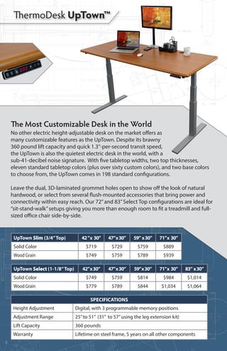 ThermoDesk UpTown™
No other electric height-adjustable desk on the market offers as
many customizable features as the UpTo...