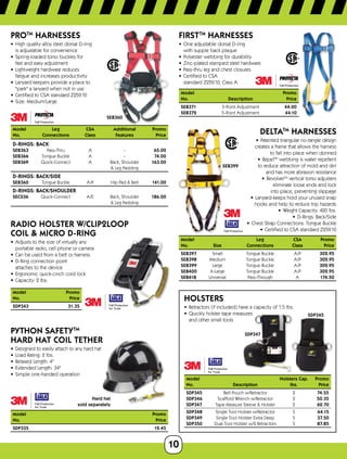10
SEB360
PROTM
HARNESSES
•	 High quality alloy steel dorsal D-ring 	
is adjustable for convenience
•	 Spring-loaded torso buckles for 	
fast and easy adjustment
•	 Lightweight hardware reduces 	
fatigue and increases productivity
•	 Lanyard keepers provide a place to 	
park a lanyard when not in use
•	 Certified to CSA standard Z259.10
•	 Size: Medium/Large
Model	 Leg	 CSA	 AdditionalPromo
No.	 Connections	Class	 Features Price
D-Rings: Back
SEB363	 Pass-Thru	 A	 - 65.00
SEB366	 Tongue Buckle	 A	 - 74.00
SEB369	 Quick-Connect	 A	 Back, Shoulder 163.00	
	 	 	  Leg Padding	
D-Rings: Back/Side
SEB360	 Tongue Buckle	 A/P	 Hip Pad  Belt 141.00
D-Rings: Back/Shoulder
SEC036	 Quick-Connect	 A/E	 Back, Shoulder 186.00	
	 	 	  Leg Padding	
Radio Holster w/Clip2Loop
Coil  Micro D-Ring
•	 Adjusts to the size of virtually any 	
portable radio, cell phone or camera
•	 Can be used from a belt or harness
•	 D-Ring connection point	
attaches to the device
•	 Ergonomic quick-cinch cord lock
•	 Capacity: 2 lbs.
Model	Promo
No.	Price
SDP343	 31.35
Hard hat
sold separately
Python SafetyTM
Hard Hat Coil Tether
•	 Designed to easily attach to any hard hat
•	 Load Rating: 2 lbs.
•	 Relaxed Length: 4
•	 Extended Length: 34
•	 Simple one-handed operation
Model	 Promo
No.	Price
SDP335	 12.45
FIRSTTM
HARNESSES
•	 One adjustable dorsal D-ring	
with supple back plaque
•	 Polyester webbing for durability
•	 Zinc-plated stamped steel hardware
•	 Pass-thru leg and chest closures
•	 Certified to CSA	
standard Z259.10, Class A
Model	Promo
No.	 DescriptionPrice
SEB371	 3-Point Adjustment 44.00
SEB372	 5-Point Adjustment 44.10
SEB399
DeltaTM
Harnesses
•	 Patented triangular no-tangle design	
creates a frame that allows the harness
to fall into place when donned
•	 RepelTM
webbing is water repellent	
to reduce attraction of mold and dirt	
and has more abrasion resistance
•	 RevolverTM
vertical torso adjusters	
eliminate loose ends and lock	
into place, preventing slippage
•	 Lanyard-keeps hold your unused snap	
hooks and help to reduce trip hazards
•	 Weight Capacity: 420 lbs.
•	 D-Rings: Back/Side
•	 Chest Strap Connections: Tongue Buckle
•	 Certified to CSA standard Z259.10
Model		 Leg	 CSA	Promo
No.	 Size	 Connections	Class	 Price
SEB397	 Small	 Tongue Buckle	 A/P	 302.95
SEB398	 Medium	 Tongue Buckle	 A/P	 302.95
SEB399	 Large	 Tongue Buckle	 A/P	 302.95
SEB400	 X-Large	 Tongue Buckle	 A/P	 302.95
SEB418	 Universal	 Pass-Through	 A	 174.50
SDP345
SDP347
HolsterS
•	 Retractors (if included) have a capacity of 1.5 lbs.
•	 Quickly holster tape measures
and other small tools
Model		 Holsters Cap. Promo
No.	 Description	 lbs.Price
SDP345	 Belt Pouch w/Retractor	 2 74.55
SDP346	 Scaffold Wrench w/Retractor	 2 50.35
SDP347	 Tape Measure Sleeve  Holster	 2 62.70
SDP348	 Single Tool Holster w/Retractor	 5 64.15
SDP349	 Single Tool Holster Extra Deep	 5 37.50
SDP350	 Dual Tool Holster w/2 Retractors	 5 87.85
 