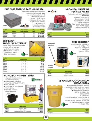 12
ENPAC
ENPAC
ENPAC
ENPAC
ENPAC
ENPAC
SEH981
FINE FIBRE Sorbent PADs - Universal
•	 Bonded tri-layered construction offers	
a smooth lint free finish that does	
not leave fibre residue behind
•	 Adheres well to floors	
to offer a secure footing
•	 Antistatic and made of up	
to 90% recycled materials
•	 15 L x 17 W
•	 Absorbs more than	
25 times their weight
Model		 Absorbency	Qty	 Promo
No.	Weight	 /Pkg. Gallons	 /Pkg.	 Price
SEH981	 Medium	 25	 100	 72.00/Pkg.
SEJ936	 Heavy	 30	 100	 84.00/Pkg.
SEI978	 Light	 30	 200	 84.00/Pkg.
DRIP DAMTM
ROOF LEAK DIVERTERs
•	 Made of high chemical resistance PVC
•	 Fits 5/8 and 1/2 standard	
garden hose, not included
•	 Attach with four rubber tie 	
downs (not included)
•	 Other sizes available
Model					 Promo
No.	 Dimensions'	 Price
SEI133	 3	 x	 3	 49.95	
SEI134	 3	 x	 6	 61.95
SEI657	 5	 x	 5	 61.95	
SEI658	 6	 x	 6	 110.00
SEI136	 6	 x	 10	 109.00	
SEI659	 10	 x	 12	 179.00
SEI660	 12	 x	 12	  229.00
SAP075
SAP077
Ultra-IBC SpillPallet Plus®
•	 All polyethylene construction 	
will not rust or corrode
•	 Low profile and forkliftable
•	 Overall dim.: 62 L x 62 W x 28 H
•	 Deck: 52 x 52
•	 Sump capacity: 365 US gallons
•	 Weight: 324 lbs.
•	 Meets EPA container	
storage regulations
Model			 Promo
No.	Description	 Price
SAP075	 Without Drain	 1475.00
SAP076	 With Drain	 1495.00
SAP077	 Ultra-Bucket Shelf for Spill Pallets	 134.00
10-gallon UNIVERSAL
Vehicle Spill Kit
•	 Packaged in nylon bag for portability    
•	Contains:	
	 20 sorbent pads, 15 x 17	
	 2 sorbent socks, 3 x 48	
	 2 sorbent pillows, 8 x 18	
	 1 repair putty, 4 oz.	
	 1 pair of nitrile gloves, X-Large	
	 1 pair of safety goggles	
	 2 disposal bags, 26 x 36
ModelPromo
No. Price
SEI183 75.00
Handle sold
separately
Drum not
included
SPILL SCOOTERTM
•	 Fits drums up to 55 US gallons
•	 34 1/2 Dia. x 9 H
•	 Capacity: 11 US gallons
•	 Load bearing	
capacity: 500 lbs.
Model		Promo
No. 	 Description	 Price
SB767	 Spill ScooterTM	
249.00
SC554	 36-5/8 T-Handle	 48.00
95-Gallon Poly-Overpack®
Salvage Drum
•	 Lightweight polyethylene Overpack®
•	 Nesting lids for safer storage only requires
half a turn to tightly secure drums
•	 Regulations: UN 1H2/X295/S,	
DOT 49 CFR 173.3(c), EPA,	
SPCC and NPDES
•	 Exterior dim.:	
31.5 top dia. x 25.88 bottom dia. x 40 H
•	 Interior dim.:	
27.5 top dia. x 24.5 bottom dia. x 36.5 H
•	 Load bearing capacity: 650 lbs.
•	 Weight: 47 lbs.
ModelPromo
No. Price
SDM248 255.00
 