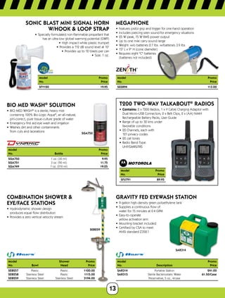 13
Model	Promo
No. 	 Price
SEE894	 113.00
Sonic Blast Mini Signal Horn
w/Hook  Loop Strap
•	 Specially formulated non-flammable propellant that
has an ultra-low global warming potential (GWP)
•	 High impact white plastic trumpet
•	 Provides a 112 dB sound level at 10'
•	 Provides up to 12 blasts per can
•	 Size: 1 oz.
ModelPromo
No.	Price
SFV120	 19.95
SGA750
Bio Med Wash®
Solution
•	 BIO MED WASH®
is a sterile, heavy mist 	
containing 100% Bio-Logic Aqua®
, an all-natural,
pH-correct, pure tissue-culture grade of water
•	 Emergency first aid eye wash and irrigation
•	 Washes dirt and other contaminants 	
from cuts and lacerations
Model		Promo
No.	 Bottle	Price
SGA750	 1 oz. (30 ml)	 9.95
SGA751	 3 oz. (90 ml)	 11.75
SGA749	 7 oz. (210 ml)	 19.05
SEB259
Combination Shower 
Eye/Face Stations
•	 Hydrodynamic shower design
produces equal flow distribution
•	 Provides a zero vertical velocity stream
Model 		 Shower Promo
No.	Bowl	 Head Price
SEB257	 Plastic	 Plastic 1100.00
SEB258	 Stainless Steel	 Plastic 1115.00
SEB259	 Stainless Steel	 Stainless Steel 3194.00
megaphone
•	 Features pistol grip and trigger for one-hand operation
•	 Includes piercing siren sound for emergency situations
•	 25 W peak, 15 W RMS power output
•	 Up to one mile carry sound range
•	 Weight: w/o batteries 2.7 lbs. w/batteries 3.9 lbs
•	 15 L x 9 H (cone diameter)
•	 Requires eight C batteries 	
(batteries not included)
T200 Two-Way Talkabout®
Radios
•	Contains: 2 x T200 Radios, 1 x Y Cable Charging Adaptor with 	
Dual Micro-USB Connectors, 2 x Belt Clips, 2 x (AA) NiMH 	
Rechargeable Battery Packs, User Guide
•	 Range of up to 32 kms under	
favorable conditions
•	 22 Channels, each with	
121 privacy codes
•	 20 call tones
•	 Radio Band Type: 	
UHF/GMRS/FRS
ModelPromo
No.	Price
SFU791	 89.95
SAR314
GRAVITY FED EYEWASH STATION
•	 9-gallon high-density green polyethylene tank
•	 Supplies a continuous flow of 	
water for 15 minutes at 0.4 GPM
•	 Easy-to-operate	
yellow activation arm
•	 Mounting bracket included
•	 Certified by CSA to meet 	
ANSI standard Z358.1
Model			 Promo
No.	Description	 Price
SAR314	 Portable Station	 241.00
SAR315	 Sterile Bacteriostatic Water	 61.50/Case	
	 Preservative, 5 oz., 4/case	
 
