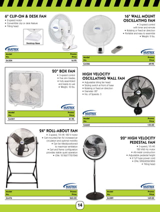 14
Desktop Base
6 CLIP-ON  DESK FAN
•	 2-speed motor
•	 Convertible clip or desk feature
•	 Tilting head
Model	Promo
No.	Price
EA304	 16.95
20 BOX FAN
•	 3-speed control
•	 Five slim blades
•	 Fully assembled	
and ready to use
•	 Weight: 10 lbs.
ModelPromo
No.Price
EA527 41.95
24 Roll-About Fan
•	 3-speed, 1/5 HP, 120 V motor
•	 Cart-mounted fan for increased air
circulation and optimal mobility
•	 Can be tilted/positioned	
to maximize ventilation
•	 Cart and frame configuration	
provides stable quiet operation
•	 CFM: 10 760/7770/7040
Model	Promo
No.	Price
EA476	 265.00
16 WALL MOUNT
oscillating fan
•	 3-speed control	
with timer and remote
•	 Rotating or fixed air direction
•	 Portable and easy to assemble
•	 Weight: 9 lbs.
Model	Promo
No.	Price
EA526	 69.95
High Velocity
Oscillating Wall Fan
•	 Adjustable tilting fan head
•	 Sliding switch at front of base
•	 Rotating or fixed air direction
•	 Diameter: 20
•	 No. of Speeds: 3
Model	Promo
No.	Price
EA660	 135.00
20 High Velocity
Pedestal Fan
•	 3-speed, 1/5 HP,	
120 V/60 Hz motor
•	 All-metal construction
•	 Adjustable pedestal height
•	 6' SJT type power cord
•	 CFM: 5950/4550/3850
•	 Tilting head
Model	Promo
No.	Price
EA289	 169.00
 