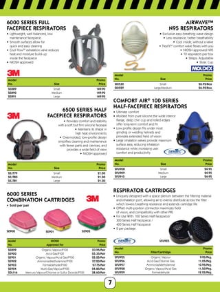 7
®
®
6000 Series Full
Facepiece Respirators
•	 Lightweight, well balanced, low
maintenance facepiece 
•	 Smooth surfaces allow for 	
quick and easy cleaning
•	 Cool FlowTM
 exhalation valve reduces 	
heat and moisture build-up 	
inside the facepiece
•	 NIOSH approved
Model	Promo
No.	 Size	Price
SE889	 Small	 149.90
SE890	 Medium	 149.90
SE891	 Large	 149.90
6500 Series Half
Facepiece Respirators
•	 Provides comfort and stability	
with a soft but firm silicone faceseal
•	 Maintains its shape in	
high heat environments
•	 Overmolded, low-profile design	
simplifies cleaning and maintenance	
with fewer parts and crevices, and
provides a wide field of view
•	 NIOSH approved
Model	Promo
No.	 SizePrice
SEJ779	 Small 21.00	
SEJ780	 Medium 21.00	
SEJ781	 Large 21.00
SE900 SE902SE901
6000 Series
Combination Cartridges
•	 Sold per pair
Model	NIOSH	 Promo
No.	 Approved For	 Price
SE899	 Organic Vapour/P100 23.95/Pair	
SE900	 Acid Gas/P100	 25.35/Pair
SE901	 Organic Vapour/Acid Gas/P100	 25.25/Pair
SE902	 Ammonia/Methylamine/P100	 27.20/Pair	
SE903	 Formaldehyde/P100	 27.75/Pair
SE904	 Multi-Gas/Vapour/P100	 24.85/Pair
SDL116	 Mercury Vapour/Chlorine or Sulfur Dioxide/P100 38.60/Pair
Airwave™
N95 Respirators
•	 Exclusive easy-breathing wave design
•	 Less resistance, better breathability
•	 Cool inside, without a valve
•	 FlexFitTM
comfort wave flexes with you
•	 NIOSH approved N95
•	 10 respirators per box
•	 Straps: Adjustable
•	 Style: Cup
Model	Promo
No.	 Size		 Price
SEI530	 Small 	 26.95/Box
SEI529	 Large/Medium	 	 26.95/Box
Comfort Air®
100 Series
Half-Facepiece RespiratorS
•	 Ultimate comfort
•	 Molded from pure silicone the wide interior 	
flange, deep chin cup and rolled edges
offer long-term comfort and fit
•	 Low profile design fits under most 	
grinding or welding helmets and 	
provides extended field of vision
•	 Large inhalation valves provide maximum 	
surface area, reducing inhalation 	
resistance while increasing user 	
comfort and productivity
Model	Promo
No.	 Size	Price
SFU908	 Small	 24.95
SFU909	 Medium	 24.95
SFU910	 Large	 24.95
SFU925
Respirator CartridgeS
•	 Uniquely designed with a space plenum between the filtering material
and inhalation port, allowing air to evenly distribute across the filter
which lowers breathing resistance and extends cartridge life
•	 Offset multi-position connector maximizes field 	
of vision, and compatibility with other PPE
•	 For Use With: 100 Series Half Facepiece/ 	
300 Series Half Facepiece /	
400 Series Half Facepiece
•	 2 per package
Model		 Promo
No.	Filter/Cartridge	 Price
SFU925	 Organic Vapour 9.95/Pkg.
SFU926	 Acid Gas/Chlorine Gas 11.25/Pkg.
SFU927	 Ammonia/Methylamine 10.95/Pkg.
SFU928	 Organic Vapour/Acid Gas 11.50/Pkg.
SFU929	 Formaldehyde 12.25/Pkg.
 