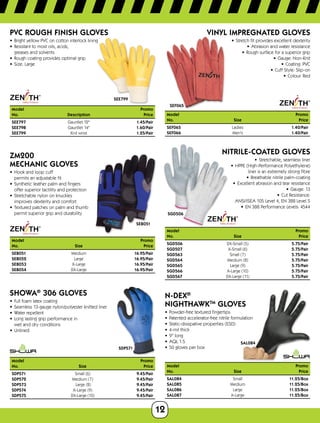 12
SEE799
PVC ROUGH FINISH GLOVES
•	 Bright yellow PVC on cotton interlock lining
•	 Resistant to most oils, acids,
greases and solvents
•	 Rough coating provides optimal grip
•	 Size: Large
Model	 Promo
No.	Description Price
SEE797	 Gauntlet 12 1.45/Pair
SEE798	 Gauntlet 14 1.60/Pair
SEE799	 Knit wrist 1.25/Pair
SEB051
ZM200
MECHANIC GLOVES
•	 Hook and loop cuff
permits an adjustable fit
•	 Synthetic leather palm and fingers
offer superior tactility and protection
•	 Stretchable nylon on knuckles
improves dexterity and comfort
•	 Textured patches on palm and thumb
permit superior grip and durability
Model	 Promo
No.	Size Price
SEB051	Medium 16.95/Pair
SEB052	Large 16.95/Pair
SEB053	X-Large 16.95/Pair
SEB054	2X-Large 16.95/Pair
SDP571
SHOWA®
306 GLOVES
•	 Full foam latex coating
•	 Seamless 13-gauge nylon/polyester knitted liner
•	 Water repellent
•	 Long lasting grip performance in
wet and dry conditions
•	 Unlined
Model		Promo
No.	 Size	Price
SDP571	 Small (6)	 9.45/Pair
SDP572	 Medium (7)	 9.45/Pair
SDP573	 Large (8)	 9.45/Pair
SDP574	 X-Large (9)	 9.45/Pair
SDP575	 2X-Large (10)	 9.45/Pair
SEF065
VINYL IMPREGNATED GLOVES
•	 Stretch fit provides excellent dexterity
•	 Abrasion and water resistance
•	 Rough surface for a superior grip
•	 Gauge: Non-Knit
•	 Coating: PVC
•	 Cuff Style: Slip-on
•	 Colour: Red
Model	Promo
No.	 SizePrice
SEF065	Ladies1.40/Pair
SEF066	Men's1.40/Pair
SGD506
NITRILE-COATED GLOVES
•	 Stretchable, seamless liner
•	 HPPE (High-Performance Polyethylene)
liner is an extremely strong fibre
•	 Breathable nitrile palm-coating
•	 Excellent abrasion and tear resistance
•	 Gauge: 13
•	 Cut Resistance:
ANSI/ISEA 105 Level 4, EN 388 Level 5
•	 EN 388 Performance Levels: 4544
ModelPromo
No.	 SizePrice
SGD506	 2X-Small (5) 5.75/Pair
SGD507	 X-Small (6) 5.75/Pair
SGD563	 Small (7) 5.75/Pair
SGD564	 Medium (8) 5.75/Pair
SGD565	 Large (9) 5.75/Pair
SGD566	 X-Large (10) 5.75/Pair
SGD567	 2X-Large (11) 5.75/Pair
SAL084
N-DEX®
NIGHTHAWKTM
GLOVES
•	 Powder-free textured fingertips
•	 Patented accelerator-free nitrile formulation
•	 Static-dissipative properties (ESD)
•	 4-mil thick
•	 9 long
•	 AQL 1.5
•	 50 gloves per box
Model	Promo
No.	 SizePrice
SAL084	Small	11.25/Box
SAL085	Medium	11.25/Box
SAL086	Large	11.25/Box
SAL087	X-Large	11.25/Box
 