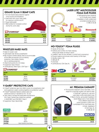 9
SGC423
GRAND SLAM II BUMP CAPS
•	 For low-hazard area protection against
minor bumps and lacerations
•	 Hard shell with crown foam pads
for maximum comfort and fit
•	 Super-lightweight
•	 Well-vented for increased comfort
during hot, sunny days
Model			 Promo
No.	 Colour	Price
SGC422	Blue	 8.75
SGC423	Red	 8.75
SGC425	Black	 8.75
SFY570
WHISTLER HARD HATS
•	 Sleek  modern style
•	 Lightweight high density polyethylene
•	 Rain trough  slotted design shell to accommodate
all the latest accessories such as hearing
protection, face shields, forestry
kits or welding protection
•	 Attachment points for chin straps
•	 Suspension Type: Pinlock
•	 Certification(s): ANSI Type I, CSA Type 1
Model	Promo
No.	 Colour	Price
SFY466	White	 7.95
SFY580	Yellow	 7.95
SFY570	 Sky Blue	 7.95
SAM581
V-GARD®
PROTECTIVE CAPS
•	 V-Gard®
protective caps from MSA consist of a po­lye­­thylene shell
and suspension system working together as a protection system
•	 V-Gard®
headwear features slotted sides and
advanced styling in standard (6-1/2 - 8) size
•	 Caps meet or ex­ceed the applicable requirements
for a Type I helmet (top impact) as outlined
in ANSI Z89.1 and CSA 294.1, Class E
•	 Suspension Type: Quick-Slide
Model	Promo
No.	 Colour	Price
SAM578	White	 8.25
SAM579	Blue	 8.25
SAM580	Yellow	 8.25
SAM581	 High Visibility Lime Green	 8.25
SM563
SM562
LASER LITE®
MULTICOLOUR
FOAM EAR PLUGS
•	 Self-adjusting foam expands
to fit virtually every wearer
•	 Available in both corded and
uncorded polybag version
•	 NRR of 32 dB
Model		 Pairs	Promo
No.	 Description	 /Box	Price
SM562	Uncorded	 200	22.50/Box
SM563	 Corded	 100	 21.80/Box
SAK146
SAK145
NO-TOUCHTM
FOAM PLUGS
•	 Hands off the foam
•	 Softness and comfort of a foam earplug
without the hassle of rolling it down
•	 LiveWireTM
stem for the ultimate in comfort and convenience
•	 Ensures hygiene and ensures solid insertion of the foam
•	 Qty/Box (pairs): 100
•	 NRR dB: 29
•	 One-Size
•	 Certification(s): CSA Class AL
Model	Promo
No.	 Style	Price
SAK145	Uncorded	48.90/Box
SAK146	Corded80.90/Box
M1 PREMIUM EARMUFF
•	 The exclusive iridescent colour and sleek, curvy
shape for a look that workers will want to wear
•	 SoftCoat®
covering on cups and
yoke helps muffle transmitted noise
•	 Black-chrome, spring-steel headband
resists fatigue and is more durable
•	 Six different adjustment
points provide a custom and
comfortable fit for most head sizes
•	 Style: Headband
•	 CSA Class: AL
•	 NRR dB: 29
Model	Promo
No.	Price
SAG849	 30.50
 