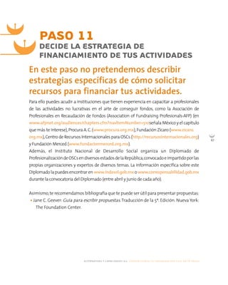 alternativas y capacidades a.c. construyendo tu organización civil en 16 pasos
61
Para ello puedes acudir a instituciones que tienen experiencia en capacitar a profesionales
de las actividades no lucrativas en el arte de conseguir fondos, como la Asociación de
Profesionales en Recaudación de Fondos (Association of Fundraising Profesionals-AFP) (en
www.afpnet.org/audiences/chapters.cfm?navltemNumber=510señala México y el capítulo
que más te interese),Procura A.C.(www.procura.org.mx),Fundación Zícaro (www.zicaro.
org.mx),Centro de Recursos Internacionales para OSCs (http://recursosinternacionales.org)
y Fundación Merced (www.fundacionmerced.org.mx).
Además, el Instituto Nacional de Desarrollo Social organiza un Diplomado de
ProfesionalizacióndeOSCsendiversosestadosdelaRepública,convocadoeimpartidoporlas
propias organizaciones y expertos de diversos temas. La información específica sobre este
Diplomadolapuedesencontrarenwww.indesol.gob.mxowww.corresponsabilidad.gob.mx
durante la convocatoria del Diplomado (entre abril y junio de cada año).
Asimismo,te recomendamos bibliografía que te puede ser útil para presentar propuestas:
• Jane C. Geever: Guía para escribir propuestas.Traducción de la 5ª. Edición. Nueva York:
The Foundation Center.
PASO 11
DECIDE LA ESTRATEGIA DE
FINANCIAMIENTO DE TUS ACTIVIDADES
En este paso no pretendemos describir
estrategias específicas de cómo solicitar
recursos para financiar tus actividades.
 