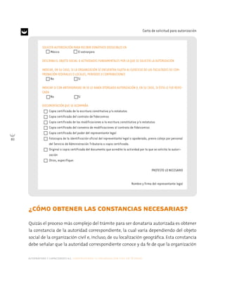 alternativas y capacidades a.c. construyendo tu organización civil en 16 pasos
80
Carta de solicitud para autorización
SOLICITA AUTORIZACIÓN PARA RECIBIR DONATIVOS DEDUCIBLES EN
México El extranjero
DESCRIBA EL OBJETO SOCIAL O ACTIVIDADES FUNDAMENTALES POR LA QUE SE SOLICITA LA AUTORIZACIÓN
INDICAR, EN SU CASO, SI LA ORGANIZACIÓN SE ENCUENTRA SUJETA AL EJERCICIO DE LAS FACULTADES DE COM-
PROBACIÓN FEDERALES O LOCALES, PERIODOS Y CONTRIBUCIONES
No Sí
INDICAR SI CON ANTERIORIDAD YA SE LE HABÍA OTORGADO AUTORIZACIÓN Y, EN SU CASO, SI ÉSTA LE FUE REVO-
CADA
No Sí
DOCUMENTACIÓN QUE SE ACOMPAÑA
Copia certificada de la escritura constitutiva y/o estatutos
Copia certificada del contrato de fideicomiso
Copia certificada de las modificaciones a la escritura constitutiva y/o estatutos
Copia certificada del convenio de modificaciones al contrato de fideicomiso
Copia certificada del poder del representante legal
Fotocopia de la identificación oficial del representante legal o apoderado, previo cotejo por personal
del Servicio de Administración Tributaria o copia certificada.
Original o copia certificada del documento que acredite la actividad por la que se solicita la autori-
zación
Otros, especifique:
PROTESTO LO NECESARIO
Nombre y firma del representante legal
¿CÓMO OBTENER LAS CONSTANCIAS NECESARIAS?
Quizás el proceso más complejo del trámite para ser donataria autorizada es obtener
la constancia de la autoridad correspondiente, la cual varía dependiendo del objeto
social de la organización civil e, incluso, de su localización geográfica. Esta constancia
debe señalar que la autoridad correspondiente conoce y da fe de que la organización
 