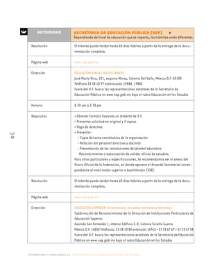 alternativas y capacidades a.c. construyendo tu organización civil en 16 pasos
88
Resolución
Página web
Dirección
Horario
Requisitos
Resolución
Página web
Dirección
El trámite puede tardar hasta 60 días hábiles a partir de la entrega de la docu-
mentación completa.
www.sep.gob.mx
EDUCACIÓN A NIVEL BACHILLERATO
José María Rico, 221, esquina Moras, Colonia Del Valle, México D.F. 03100
Teléfono 53 28 10 97 extensiones 19884, 19885
Fuera del D.F. busca las representaciones estatales de la Secretaría de
Educación Pública en www.sep.gob.mx bajo el rubro Educación en los Estados
8:30 am a 2:30 pm
• Obtener formato llevando un diskette de 3.5
• Presentar solicitud en original y 2 copias
• Pago de derechos
• Presentar:
- Copia del acta constitutiva de la organización
- Relación del personal directivo y docente
- Presentación de las instalaciones del plantel educativo
-Reconocimiento o autorización de validez oficial de estudios.
Para otros particulares y especificaciones, te recomendamos ver el anexo del
Diario Oficial de la Federación, en donde aparece el Acuerdo Secretarial corres-
pondiente al nivel medio superior o bachillerato (330).
El trámite puede tardar hasta 60 días hábiles a partir de la entrega de la docu-
mentación completa.
www.sep.gob.mx
EDUCACIÓN SUPERIOR (licenciatura, escuelas normales y técnicas)
Subdirección de Reconocimiento de la Dirección de Instituciones Particulares de
Educación Superior
Avenida San Fernando 1, interior Edificio E-8, Colonia Toriello Guerra
México D.F. 14050 Teléfonos: 53 28 10 00 extensión 16763 • 57 23 67 67 • 57 23 67 58
Fuera del D.F. busca las representaciones estatales de la Secretaría de Educación
Pública en www.sep.gob.mx bajo el rubro Educación en los Estados
AUTORIDAD SECRETARÍA DE EDUCACIÓN PÚBLICA (SEP)
Dependiendo del nivel de educación que se imparta, los trámites serán diferentes.*
 
