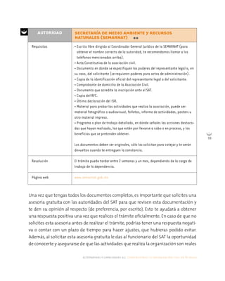 alternativas y capacidades a.c. construyendo tu organización civil en 16 pasos
93
Una vez que tengas todos los documentos completos, es importante que solicites una
asesoría gratuita con las autoridades del SAT para que revisen esta documentación y
te den su opinión al respecto (de preferencia, por escrito). Esto te ayudará a obtener
una respuesta positiva una vez que realices el trámite oficialmente. En caso de que no
solicites esta asesoría antes de realizar el trámite, podrías tener una respuesta negati-
va o contar con un plazo de tiempo para hacer ajustes, que hubieras podido evitar.
Además, al solicitar esta asesoría gratuita le das al funcionario del SAT la oportunidad
de conocerte y asegurarse de que las actividades que realiza la organización son reales
Requisitos
Resolución
Página web
• Escrito libre dirigido al Coordinador General Jurídico de la SEMARNAT (para
obtener el nombre correcto de la autoridad, te recomendamos llamar a los
teléfonos mencionados arriba).
• Acta Constitutiva de la asociación civil.
• Documento en donde se especifiquen los poderes del representante legal o, en
su caso, del solicitante (se requieren poderes para actos de administración).
• Copia de la identificación oficial del representante legal o del solicitante.
• Comprobante de domicilio de la Asociación Civil.
• Documento que acredite la inscripción ante el SAT.
• Copia del RFC.
• Última declaración del ISR.
• Material para probar las actividades que realiza la asociación, puede ser:
material fotográfico o audiovisual, folletos, informe de actividades, posters u
otro material impreso.
• Programa o plan de trabajo detallado, en donde señales las acciones destaca-
das que hayan realizado, las que estén por llevarse a cabo o en proceso, y los
beneficios que se pretenden obtener.
Los documentos deben ser originales, sólo los solicitan para cotejar y te serán
devueltos cuando te entreguen la constancia.
El trámite puede tardar entre 2 semanas y un mes, dependiendo de la carga de
trabajo de la dependencia.
www.semarnat.gob.mx
AUTORIDAD SECRETARÍA DE MEDIO AMBIENTE Y RECURSOS
NATURALES (SEMARNAT)
**
 