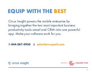 16 
EQUIP WITH THE BEST 
Cirrus Insight powers the mobile enterprise by 
bringing together the two most important business 
productivity tools—email and CRM—into one powerful 
app. Make your software work for you. 
1-844-287- 0950 | sales@cirruspath.com 
