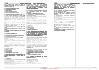 Concurso Público 2010               PROVA DE COORDENADOR PEDAGÓGICO                                              Concurso Público 2010   PROVA DE COORDENADOR PEDAGÓGICO

34- A avaliação está presente em todas as                39- Nenhuma criança nasce com capacidade                    44- Do contexto da Lei Federal nº 11.738 de 16 de
atividades humanas. Na educação a avaliação se           cognitiva pronta e acabada. O meio interno pelo             julho de 2008, que institui o piso salarial
processa em função de:                                   qual o organismo psicológico aprende, passa por             profissional da educação básica para os
                                                         dois níveis: o reflexo e o cognitivo. O nível               professores com formação em magistério,
(A) Diferenças entre as matérias dadas.                  cognitivo caracteriza-se pela:                              podemos afirmar exceto:
(B) Elaboração dos conteúdos.
(C) Atingir objetivos.                                   (A) Transformação da percepção ativa dos objetos para       (A) Os professores pós-graduados não poderão
(D) Métodos e técnicas de ensino.                        uma      compreensão        elevada     em     movimentos   receber menos que o piso salarial.
(E) Nenhuma das alternativas corretas.                   ascendentes.                                                (B) Os professores com magistério, somente
                                                         (B) Aquisição de habilidades sensório-motora.               perceberão o piso integral se trabalharem 40 horas
35- Uma escola de séries inicial e final (1ª a 4ª e 5ª a (C) Capacidade de emitir respostas reforçadas de            semanais.
8ª séries) localizada na zona rural de Manari atinge     condicionamento operante.                                   (C) Os supervisores e coordenadores pedagógicos
altos níveis de evasão escolar provocado pela            (D) Assimilação da percepção e desenvolvimento de           não farão jus ao piso.
necessidade do aluno ajudar a família na                 habilidades concretas.                                      (D) Aos estabelecimentos de ensino da rede particular
agricultura como mão de obra adicional. Para             (E) Nenhuma das alternativas.                               não se aplica esta Lei.
ajudar a reduzir este índice de evasão à escola                                                                      (E) O piso salarial será atualizado anualmente no mês
deve:                                                    40- A leitura transforma-se em vivência da criança,         de janeiro.
                                                         enquanto uma habilidade que ela pode controlar e
(A) providenciar uma ajuda de custo para as famílias,    desenvolver com o transcurso do tempo.                Ao    45- Segundo a Lei Federal 11.494 de 20/06/2007, não
fazendo com que os alunos não precisem faltar às         trabalhar com textos variados na sala de aula o             é receita do FUNDEB no âmbito de cada Estado.
aulas.                                                   professor deve promover atividades que enfatizem:
(B) Abonar as faltas dos alunos para não serem                                                                       (A) Imposto sobre doação de bens e direitos.
prejudicados no final do ano letivo.                     (A) O diálogo                                               (B) Imposto sobre a transmissão de bens imóveis
(C) Relacionar as férias com a época do plantio e da     (B) O texto em si.                                          (ITBI).
colheita.                                                (C) Os personagens.                                         (C) Imposto sobre a propriedade de veículos ou
(D) Providenciar atestados médicos para os alunos        (D) A crítica literária.                                    automotores.
faltosos.                                                (E) Nenhuma das alternativas.                               (D) Imposto sobre a circulação de mercadorias (ICMS).
(E) Entregar os pais ao conselho tutelar para que tome                                                               (E) Nenhuma das alternativas.
providências.                                            41- Dona Joana professora da quarta série, notou
                                                         que suas crianças aprendiam com ritmos diferentes
36- O currículo pleno dever ser:                         e se interessavam por conteúdos diversos.
                                                         Pesquisando ela descobriu que essas diferenças se
(A) Padronizado para todas as esferas da educação.       devem em grande parte ao seguinte fato:
(B) Planejado por cada escola.
(C) Planejado de acordo com o interesse de cada          (A) Que a capacidade de aprendizagem depende da
professor.                                               situação financeira de cada aluno.
(D) De âmbito regional.                                  (B) Algumas crianças são mais inteligentes que outras.
(E) Padronizado e de acordo com interesse de cada        (C) Que as crianças vivem em ambientes sociais
estado.                                                  diferentes.
                                                         (D) O talento individual decorre da herança familiar.
37-O processo de ensino aprendizagem deve ser            (E) Nenhuma das alternativas corretas.
compreendido,             quanto         a          sua
multidimensionalidade, precisa ser analisado de tal      42- A partir dos objetivos estabelecidos no projeto
forma que articule consistentemente as seguintes         da escola, o professor vai orientar os objetivos
dimensões:                                               particulares de sua disciplina, buscando sempre o
                                                         atendimento das:
(A) Técnica e científica.
(B) Política apenas.                                     (A)Expectativas, interesses e necessidades dos alunos.
(C) Humana apenas.                                       (B) Determinações do Conselho de Classe.
(D) Social e política.                                   (C) Determinações do Ministério da Educação.
(E) Humana técnica e político-social.                    (D) Necessidades da escola e do Secretário de
                                                         educação.
38- Dentro de uma filosofia da educação para uma         (E) Nenhuma das alternativas corretas.
sociedade mais igualitária a avaliação dever ser,
exceto:                                                  43- A finalidade da organização do trabalho
                                                         pedagógico deve ser a:
(A) Progressista.
(B) Classificatória com os alunos sendo avaliados por    (A) Disciplina em sala de aula.
notas e conceitos apenas.                                (B) Organização dos conteúdos.
(C) Uma avaliação que identifica qualquer falha na       (C) Produção do conhecimento.
aquisição do conhecimento.                               (D) Produção de textos.
(D) Uma avaliação que leve todos a adquirirem o saber.   (E) Nenhuma das alternativas corretas.
(E) Nenhuma das alternativas.



                                                                                                   Página 5 de 6                                                                                              Página 6 de 6
                                                                                                www.pciconcursos.com.br
 