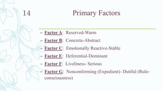 Primary Factors
– Factor A: Reserved-Warm
– Factor B: Concrete-Abstract
– Factor C: Emotionally Reactive-Stable
– Factor E: Deferential-Dominant
– Factor F: Liveliness- Serious
– Factor G: Nonconforming (Expedient)- Dutiful (Rule-
consciousness)
14
 