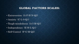 GLOBAL FACTORS SCALES:
• Extraversion (A-F-H-N-Q2)
• Anxiety (C-L-0-Q1)
• Tough-mindedness (A-I-M-Q1)
• Independence (E-H-L-Q1)
• Self-Control (F-G-M-Q3)
 