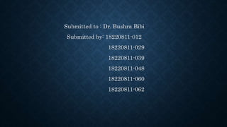 Submitted to : Dr. Bushra Bibi
Submitted by: 18220811-012
18220811-029
18220811-039
18220811-048
18220811-060
18220811-062
 