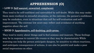 APPREHENSION (O)
• LOW O: Self-assured, unworried, complacent.
They tend to be self-confident and untroubled by self-doubt. While this may make
them more resilient in stressful situations, at the extreme, the person's confidence
may be unshaken, even in situations that call for self-evaluation and self-
improvement. The extreme low score may reflect and avoidance of anything
negative about the self.
• HIGH O: Apprehensive, self-doubting, guilt-prone.
They tend to worry about things and to feel anxious and insecure. These feelings
may be in response to current life events or they may be characteristic While
worrying can help the person anticipate dangers, be sensitive to others reactions,
and anticipate consequences of actions, it can also be painful and make a poor
social impressions on other.
 