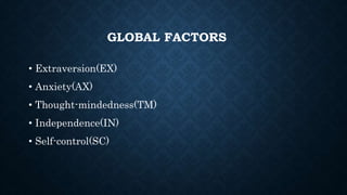 GLOBAL FACTORS
• Extraversion(EX)
• Anxiety(AX)
• Thought-mindedness(TM)
• Independence(IN)
• Self-control(SC)
 