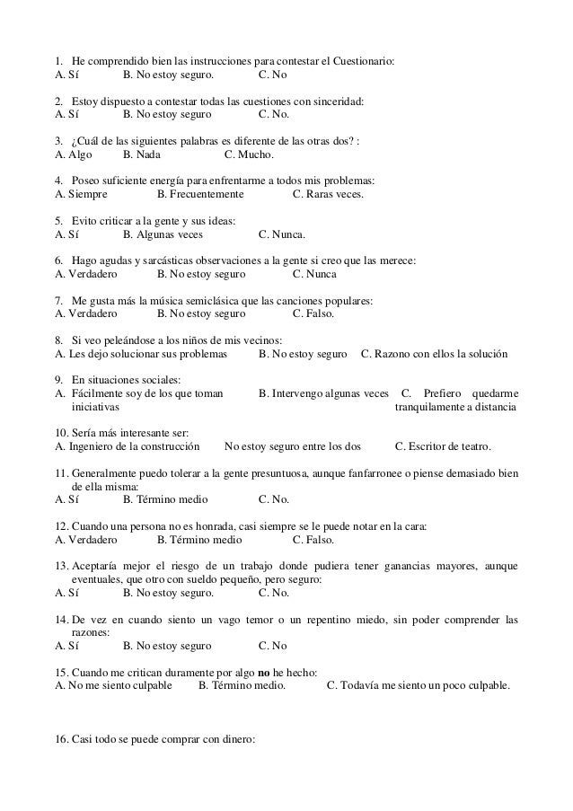 preguntas incomodas de respuesta si o no 16 pf test de personalidad preguntas incomodas de respuesta si o no 16 pf test de personalidad