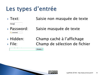 Text: Saisie non masquée de texte 
Password: Saisie masquée de texte 
Hidden: Champ caché à l’affichage 
File: Champ de sélection de fichier 
LightPath 2014© - http://www.jmrenouard.fr 
14  