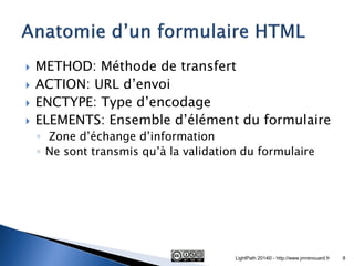 METHOD: Méthode de transfert 
ACTION: URL d’envoi 
ENCTYPE: Type d’encodage 
ELEMENTS: Ensemble d’élément du formulaire 
◦ Zone d’échange d’information 
◦Ne sont transmis qu’à la validation du formulaire 
LightPath 2014© - http://www.jmrenouard.fr 
8  