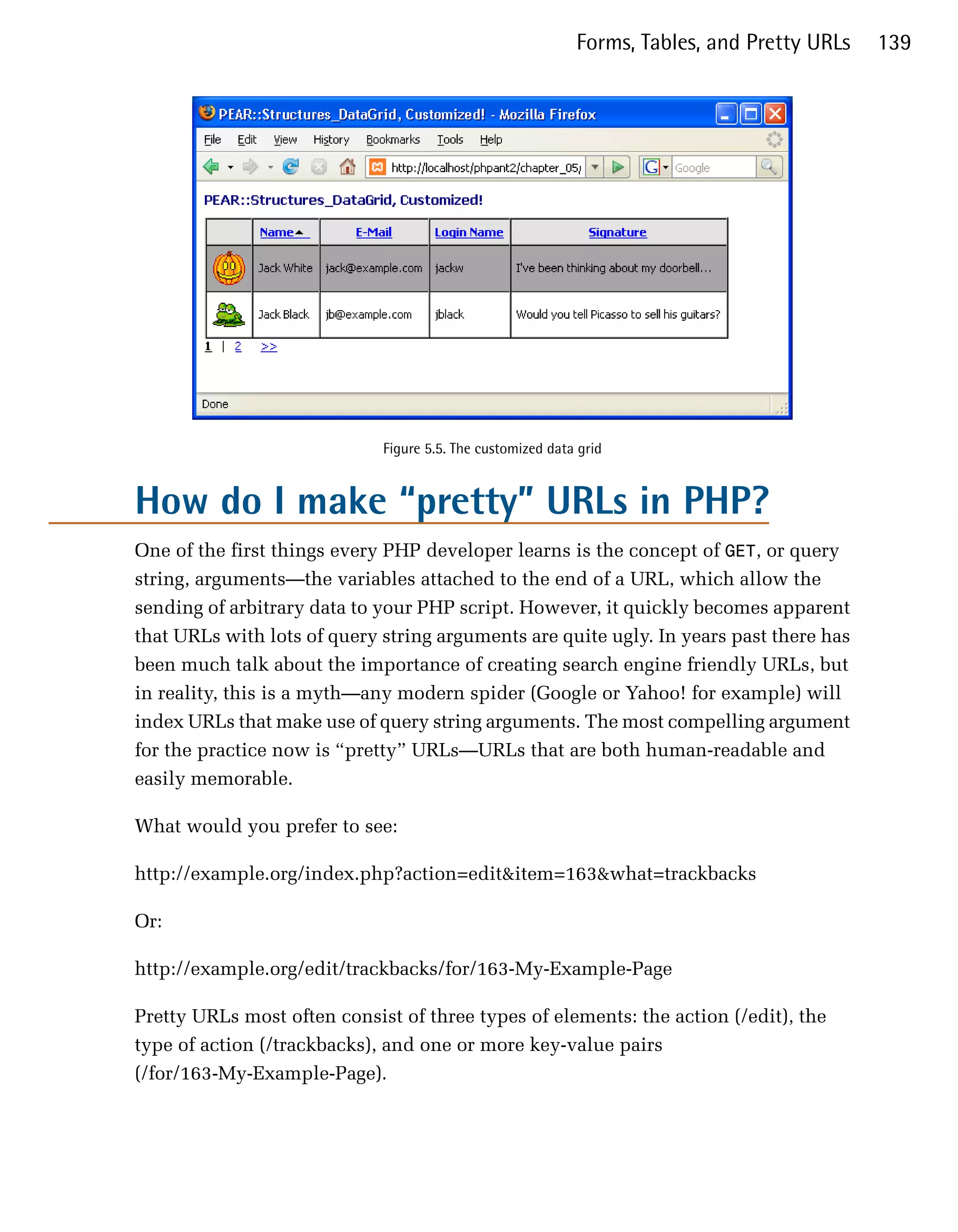 Forms, Tables, and Pretty URLs   139




                             Figure 5.5. The customized data grid


How do I make “pretty” URLs in PHP?
One of the first things every PHP developer learns is the concept of GET, or query
string, arguments—the variables attached to the end of a URL, which allow the
sending of arbitrary data to your PHP script. However, it quickly becomes apparent
that URLs with lots of query string arguments are quite ugly. In years past there has
been much talk about the importance of creating search engine friendly URLs, but
in reality, this is a myth—any modern spider (Google or Yahoo! for example) will
index URLs that make use of query string arguments. The most compelling argument
for the practice now is “pretty” URLs—URLs that are both human-readable and
easily memorable.

What would you prefer to see:

http://example.org/index.php?action=edit&item=163&what=trackbacks

Or:

http://example.org/edit/trackbacks/for/163-My-Example-Page

Pretty URLs most often consist of three types of elements: the action (/edit), the
type of action (/trackbacks), and one or more key-value pairs
(/for/163-My-Example-Page).
 