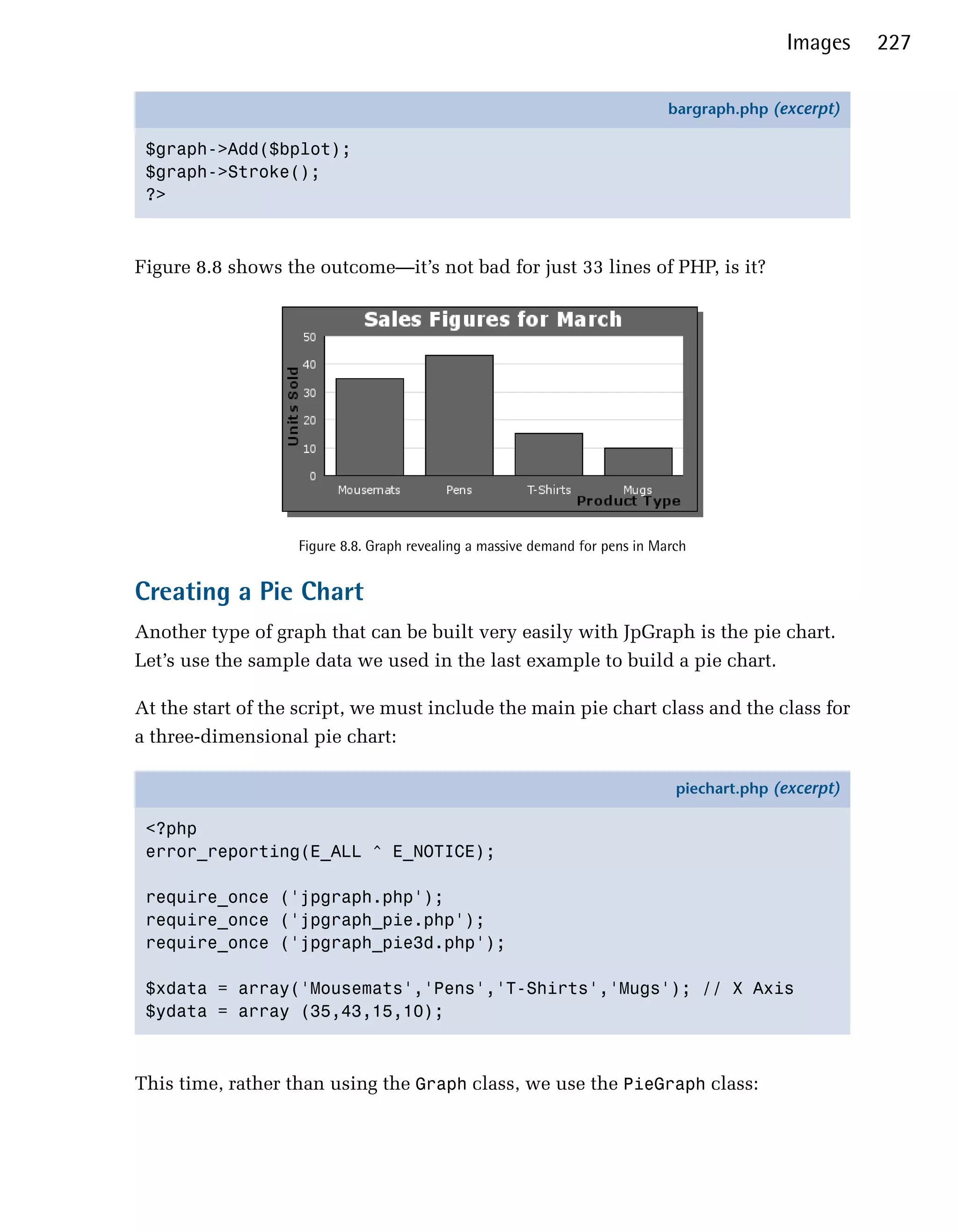 Images     227

                                                                              bargraph.php (excerpt)

 $graph->Add($bplot);
 $graph->Stroke();
 ?>



Figure 8.8 shows the outcome—it’s not bad for just 33 lines of PHP, is it?




                   Figure 8.8. Graph revealing a massive demand for pens in March


Creating a Pie Chart
Another type of graph that can be built very easily with JpGraph is the pie chart.
Let’s use the sample data we used in the last example to build a pie chart.

At the start of the script, we must include the main pie chart class and the class for
a three-dimensional pie chart:

                                                                               piechart.php (excerpt)

 <?php
 error_reporting(E_ALL ^ E_NOTICE);

 require_once ('jpgraph.php');
 require_once ('jpgraph_pie.php');
 require_once ('jpgraph_pie3d.php');

 $xdata = array('Mousemats','Pens','T-Shirts','Mugs'); // X Axis
 $ydata = array (35,43,15,10);



This time, rather than using the Graph class, we use the PieGraph class:
 