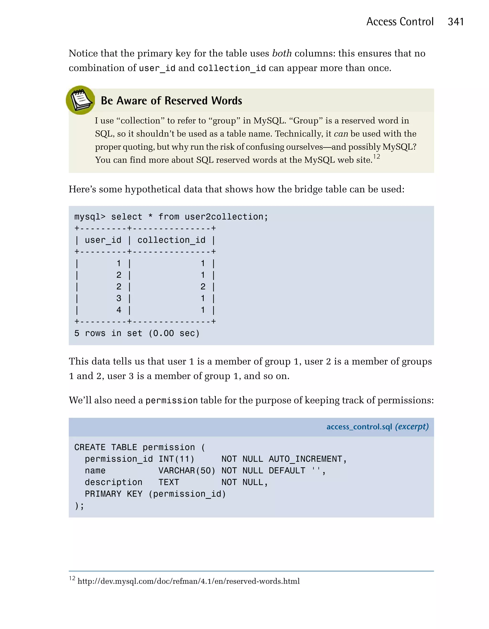 Access Control       341

Notice that the primary key for the table uses both columns: this ensures that no
combination of user_id and collection_id can appear more than once.


           Be Aware of Reserved Words
         I use “collection” to refer to “group” in MySQL. “Group” is a reserved word in
         SQL, so it shouldn’t be used as a table name. Technically, it can be used with the
         proper quoting, but why run the risk of confusing ourselves—and possibly MySQL?
         You can find more about SQL reserved words at the MySQL web site.12


Here’s some hypothetical data that shows how the bridge table can be used:

 mysql> select * from user2collection;

 +---------+---------------+

 | user_id | collection_id |

 +---------+---------------+

 |       1 |             1 |
 |       2 |             1 |
 |       2 |             2 |
 |       3 |             1 |
 |       4 |             1 |
 +---------+---------------+

 5 rows in set (0.00 sec)



This data tells us that user 1 is a member of group 1, user 2 is a member of groups
1 and 2, user 3 is a member of group 1, and so on.

We’ll also need a permission table for the purpose of keeping track of permissions:

                                                                    access_control.sql (excerpt)

 CREATE TABLE permission (
   permission_id INT(11)     NOT NULL AUTO_INCREMENT,
   name          VARCHAR(50) NOT NULL DEFAULT '',
   description   TEXT        NOT NULL,
   PRIMARY KEY (permission_id)
 );




12
     http://dev.mysql.com/doc/refman/4.1/en/reserved-words.html
 
