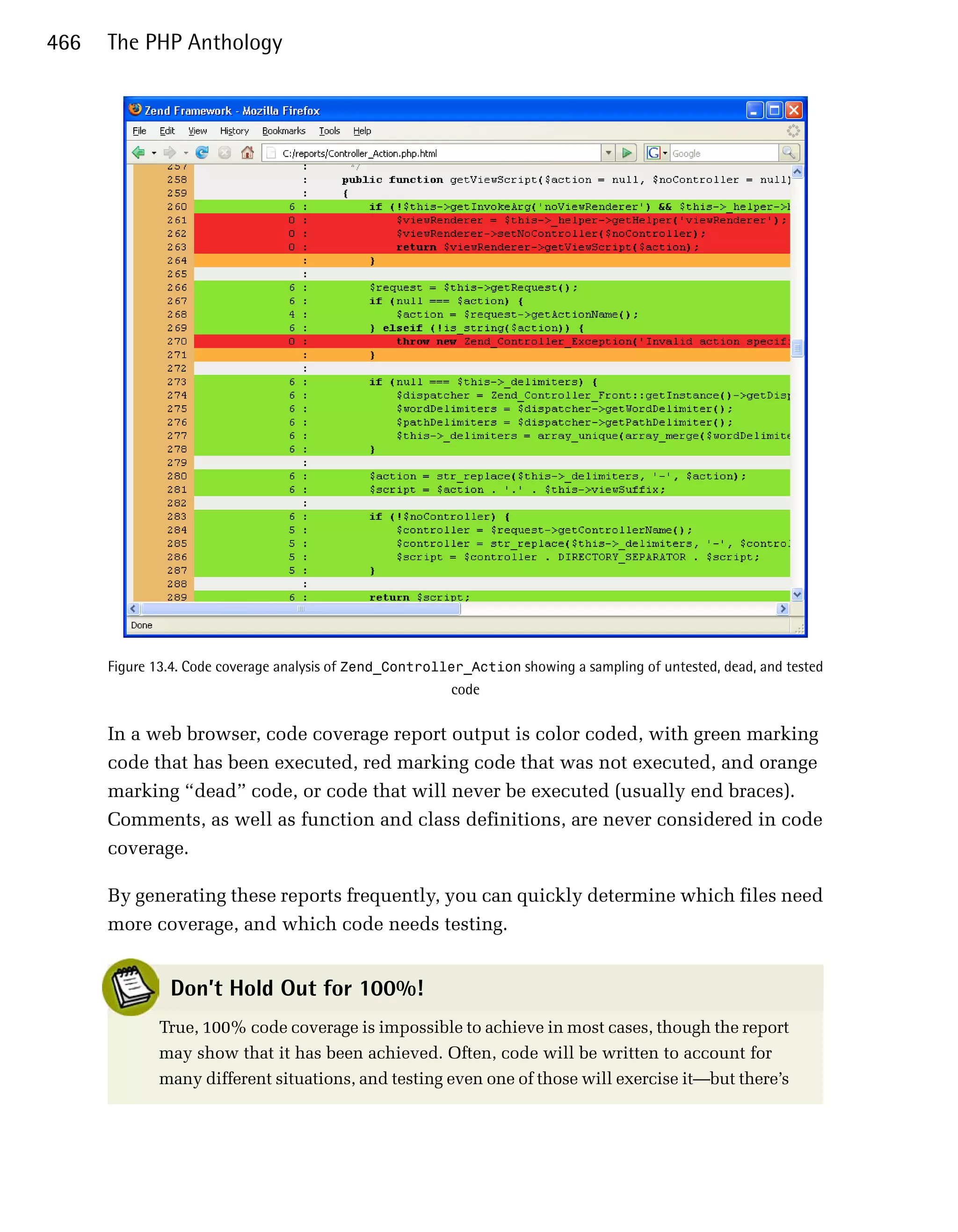 466   The PHP Anthology




      Figure 13.4. Code coverage analysis of Zend_Controller_Action showing a sampling of untested, dead, and tested
                                                          code


      In a web browser, code coverage report output is color coded, with green marking
      code that has been executed, red marking code that was not executed, and orange
      marking “dead” code, or code that will never be executed (usually end braces).
      Comments, as well as function and class definitions, are never considered in code
      coverage.

      By generating these reports frequently, you can quickly determine which files need
      more coverage, and which code needs testing.


               Don’t Hold Out for 100%!
             True, 100% code coverage is impossible to achieve in most cases, though the report
             may show that it has been achieved. Often, code will be written to account for
             many different situations, and testing even one of those will exercise it—but there’s
 