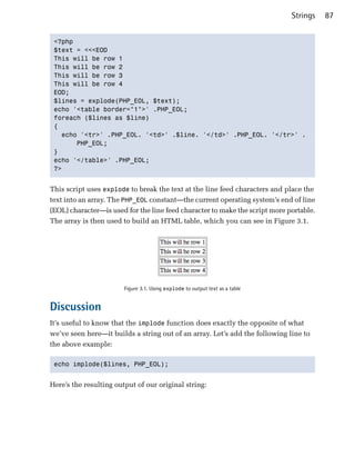 Strings   87


 <?php

 $text = <<<EOD

 This will be row 1

 This will be row 2

 This will be row 3

 This will be row 4

 EOD;

 $lines = explode(PHP_EOL, $text);

 echo '<table border="1">' .PHP_EOL;

 foreach ($lines as $line)

 {

   echo '<tr>' .PHP_EOL. '<td>' .$line. '</td>' .PHP_EOL. '</tr>' .

       PHP_EOL;

 }

 echo '</table>' .PHP_EOL;

 ?>



This script uses explode to break the text at the line feed characters and place the
text into an array. The PHP_EOL constant—the current operating system’s end of line
(EOL) character—is used for the line feed character to make the script more portable.
The array is then used to build an HTML table, which you can see in Figure 3.1.




                        Figure 3.1. Using explode to output text as a table


Discussion
It’s useful to know that the implode function does exactly the opposite of what
we’ve seen here—it builds a string out of an array. Let’s add the following line to
the above example:

 echo implode($lines, PHP_EOL);



Here’s the resulting output of our original string:
 