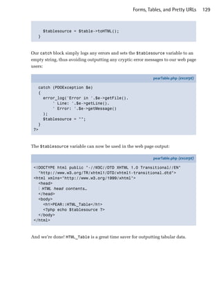 Forms, Tables, and Pretty URLs      129



     $tablesource = $table->toHTML();

   }




Our catch block simply logs any errors and sets the $tablesource variable to an
empty string, thus avoiding outputting any cryptic error messages to our web page
users:

                                                            pearTable.php (excerpt)

   catch (PDOException $e)
   {
     error_log('Error in '.$e->getFile().
         ' Line: '.$e->getLine().
         ' Error: '.$e->getMessage()
     );
     $tablesource = "";
   }
 ?>



The $tablesource variable can now be used in the web page output:

                                                            pearTable.php (excerpt)

 <!DOCTYPE html public "-//W3C//DTD XHTML 1.0 Transitional//EN"
   "http://www.w3.org/TR/xhtml1/DTD/xhtml1-transitional.dtd">
 <html xmlns="http://www.w3.org/1999/xhtml">
   <head>
   ⋮ HTML head contents…
   </head>
   <body>
     <h1>PEAR::HTML_Table</h1>
     <?php echo $tablesource ?>
   </body>
 </html>



And we’re done! HTML_Table is a great time saver for outputting tabular data.
 