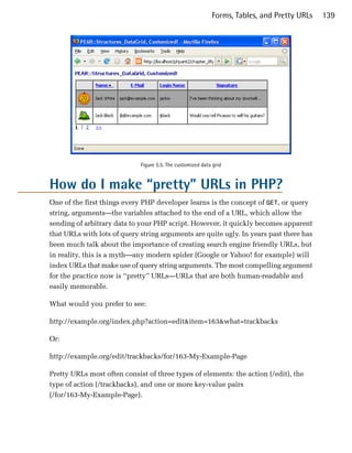 Forms, Tables, and Pretty URLs   139




                             Figure 5.5. The customized data grid


How do I make “pretty” URLs in PHP?
One of the first things every PHP developer learns is the concept of GET, or query
string, arguments—the variables attached to the end of a URL, which allow the
sending of arbitrary data to your PHP script. However, it quickly becomes apparent
that URLs with lots of query string arguments are quite ugly. In years past there has
been much talk about the importance of creating search engine friendly URLs, but
in reality, this is a myth—any modern spider (Google or Yahoo! for example) will
index URLs that make use of query string arguments. The most compelling argument
for the practice now is “pretty” URLs—URLs that are both human-readable and
easily memorable.

What would you prefer to see:

http://example.org/index.php?action=edit&item=163&what=trackbacks

Or:

http://example.org/edit/trackbacks/for/163-My-Example-Page

Pretty URLs most often consist of three types of elements: the action (/edit), the
type of action (/trackbacks), and one or more key-value pairs
(/for/163-My-Example-Page).
 