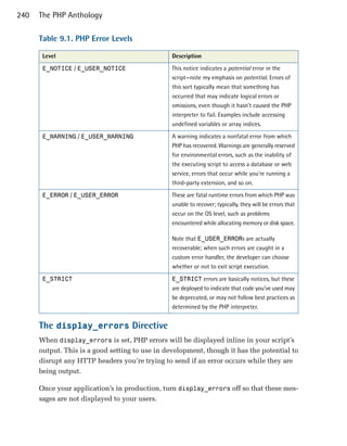 240   The PHP Anthology

      Table 9.1. PHP Error Levels

       Level                                     Description

       E_NOTICE / E_USER_NOTICE                  This notice indicates a potential error in the
                                                 script—note my emphasis on potential. Errors of
                                                 this sort typically mean that something has
                                                 occurred that may indicate logical errors or
                                                 omissions, even though it hasn’t caused the PHP
                                                 interpreter to fail. Examples include accessing
                                                 undefined variables or array indices.

       E_WARNING / E_USER_WARNING                A warning indicates a nonfatal error from which
                                                 PHP has recovered. Warnings are generally reserved
                                                 for environmental errors, such as the inability of
                                                 the executing script to access a database or web
                                                 service, errors that occur while you’re running a
                                                 third-party extension, and so on.

       E_ERROR / E_USER_ERROR                    These are fatal runtime errors from which PHP was
                                                 unable to recover; typically, they will be errors that
                                                 occur on the OS level, such as problems
                                                 encountered while allocating memory or disk space.

                                                 Note that E_USER_ERRORs are actually
                                                 recoverable; when such errors are caught in a
                                                 custom error handler, the developer can choose
                                                 whether or not to exit script execution.

       E_STRICT                                  E_STRICT errors are basically notices, but these
                                                 are deployed to indicate that code you’ve used may
                                                 be deprecated, or may not follow best practices as
                                                 determined by the PHP interpreter.


      The display_errors Directive
      When display_errors is set, PHP errors will be displayed inline in your script’s
      output. This is a good setting to use in development, though it has the potential to
      disrupt any HTTP headers you’re trying to send if an error occurs while they are
      being output.

      Once your application’s in production, turn display_errors off so that these mes­
      sages are not displayed to your users.
 